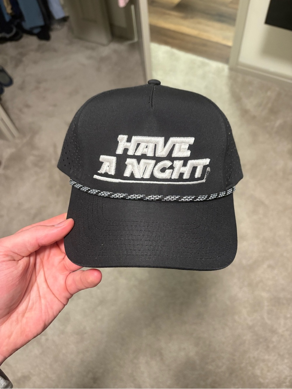 Have A Night Black Embroidered Rope-Trim Cap